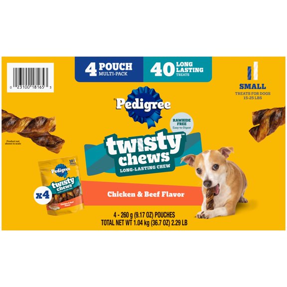 Pedigree Twisty Chews Chicken & Beef Flavor Small Long-Lasting Dog Treats, (4) 9.17 Oz Pouches
