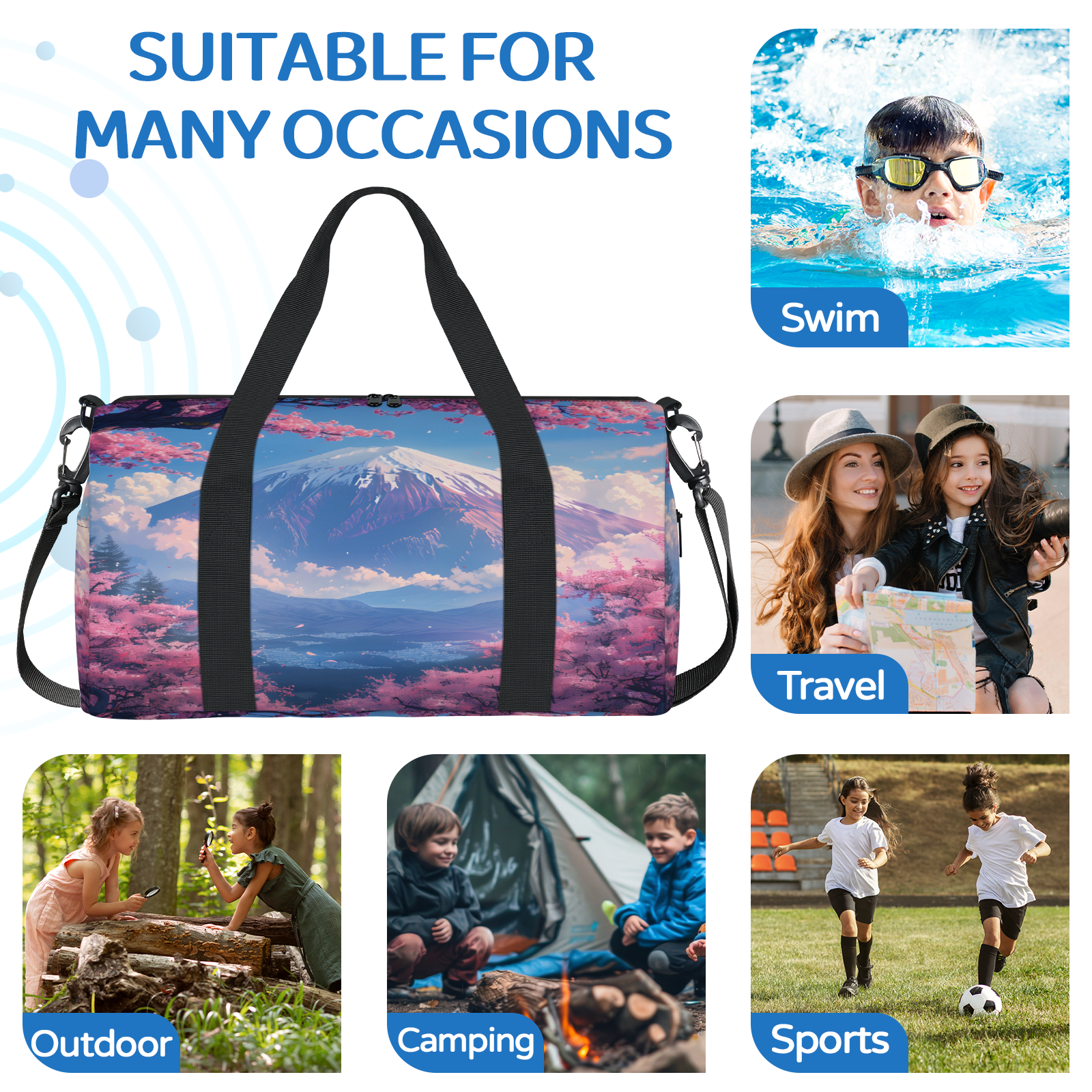 Herdesigns Asian Japanese Travel Duffle Bag Sports Yoga Weekender Overnight Carry on Workout Bags Lightweight Waterproof Gym Tote Bag for Women Cherry Blossom Mount Fuji