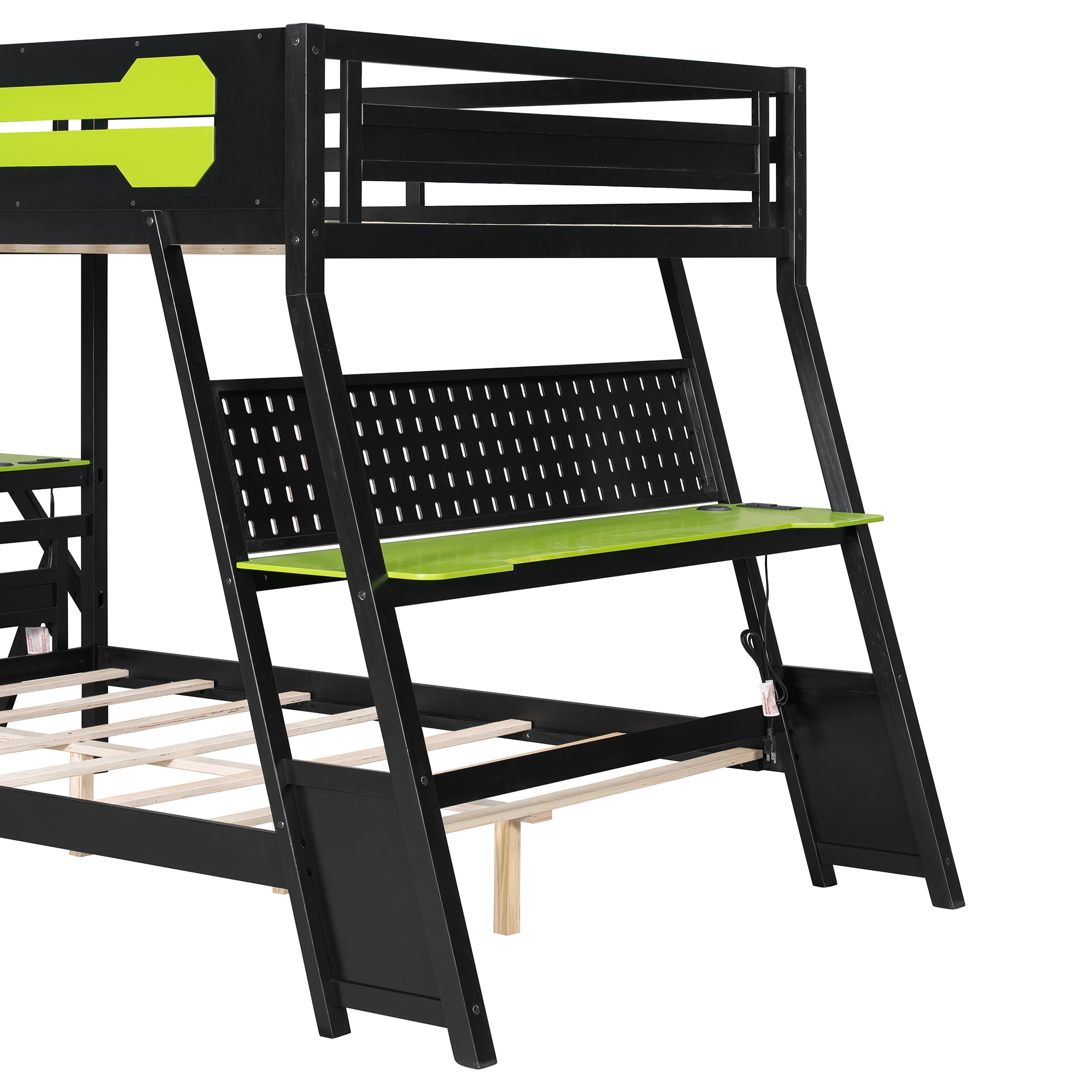 Mintazer Full Over Twin Gaming Bunk Bed with Dual Desks, E-Sport Bunk Bed with USB Desktop Ports & Pegboard Storage for Bedrooms Dorm, Green