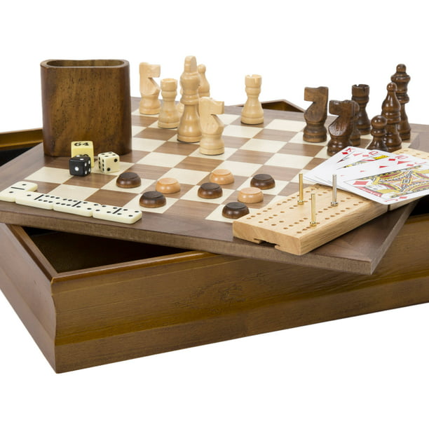 7-in-1 Classic Wooden Board Game Set – Cards, Dice, Chess, Checkers,  Backgammon, Dominoes and Cribbage by Hey! Play!