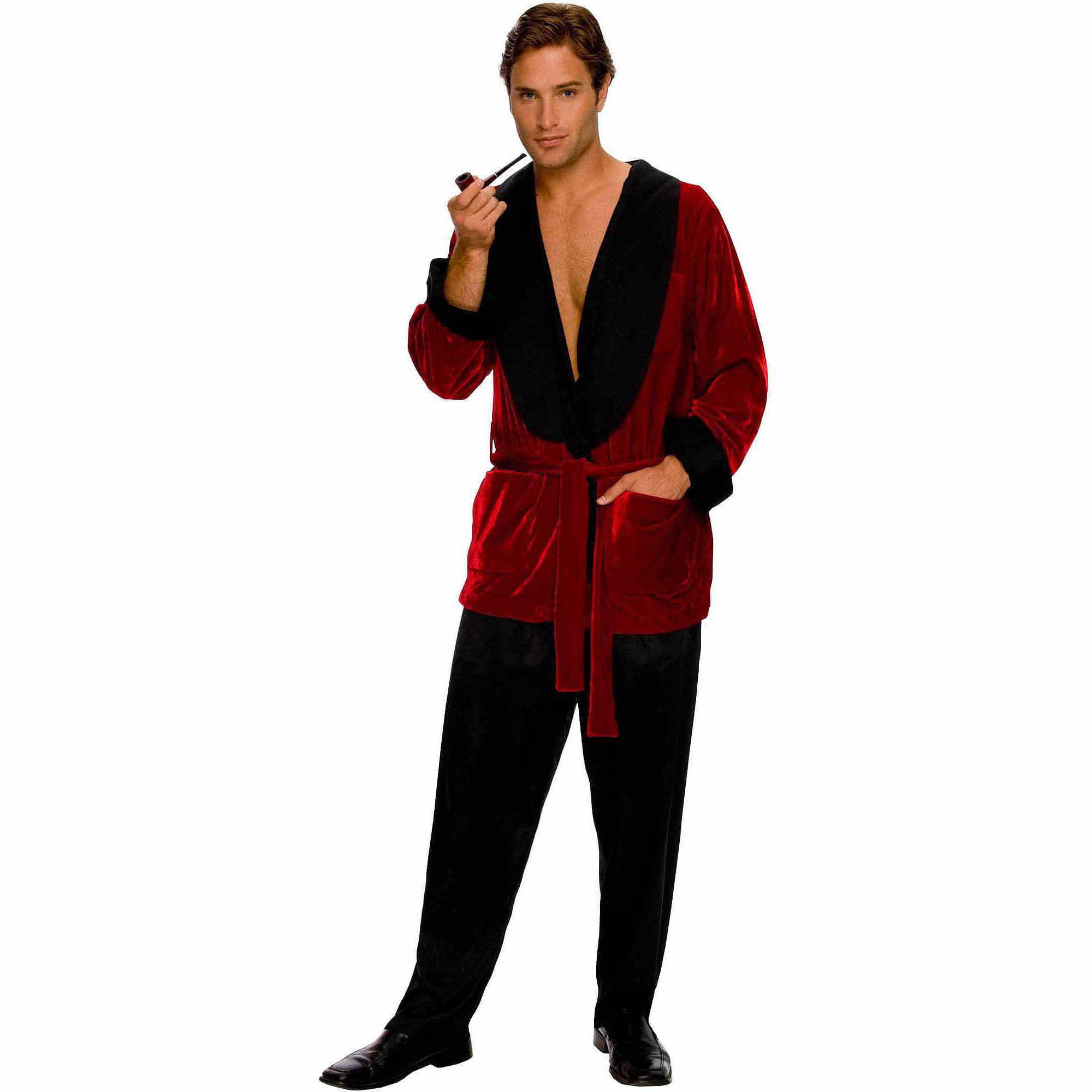 Hugh Hefner Smoking Jacket Adult Mens Costume  Red Velvet Playboy Robe Halloween 