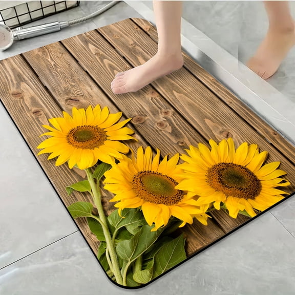 1pc Sunflowers on Wooden Background Bathroom Rug Bathroom Decor and Qccessories- Durable,Anti Slip,And Quick Drying,Suitable For Indoor/outdoor Use - Perfect For Bathrooms,Bedrooms,Kitchens