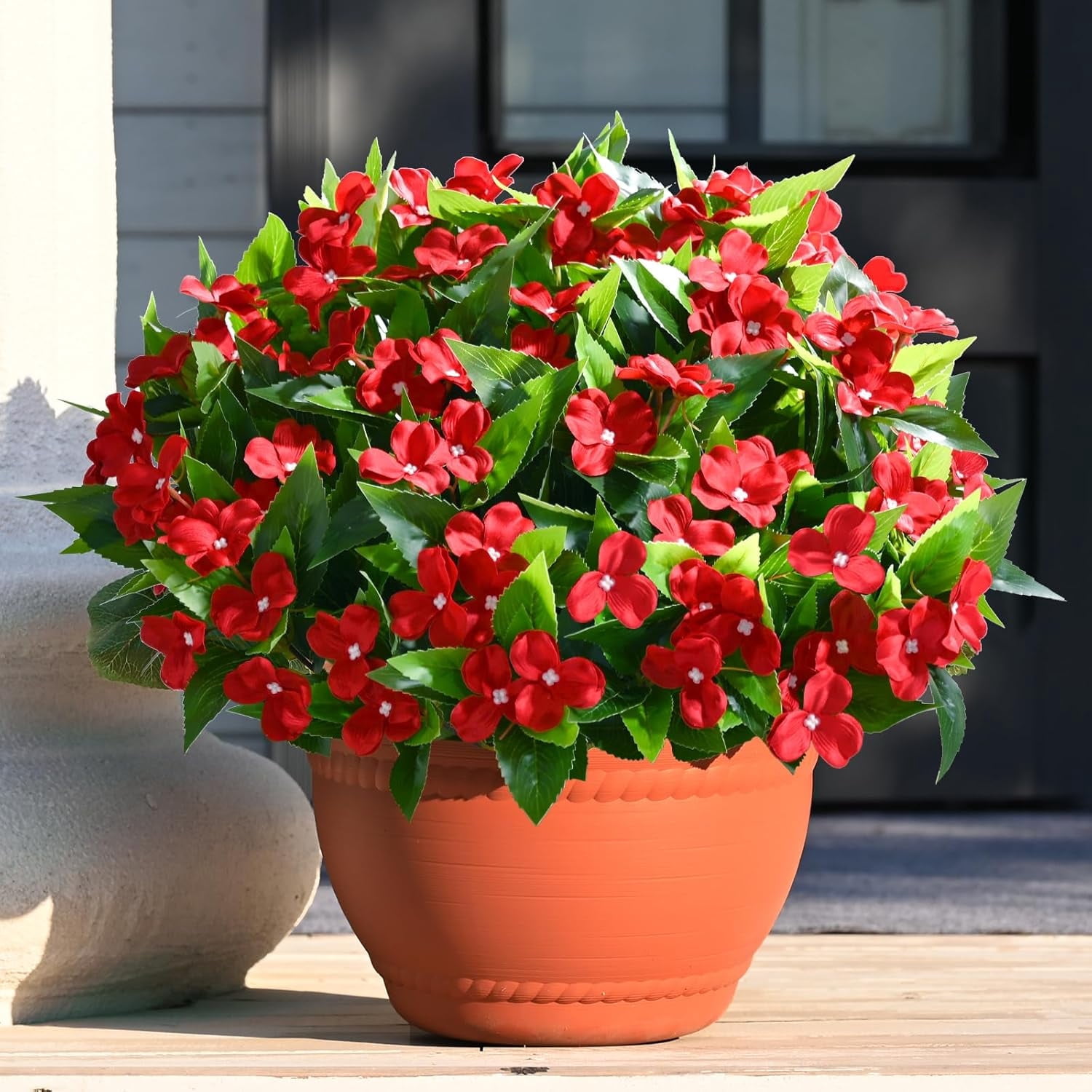 Yastouay 10 Pcs Artificial Flowers for Outdoors ,UV Resistant Faux Impatiens for Outdoor Planters,Red Silk Flowers for Front Door Porch Decorations