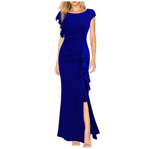 Mingw Womens Maxi Dresses Cap Sleeve Long High Side Slit Casual Dresses Loose Plain Elegant Flowy Wedding Guest Dress ,XL,Blue