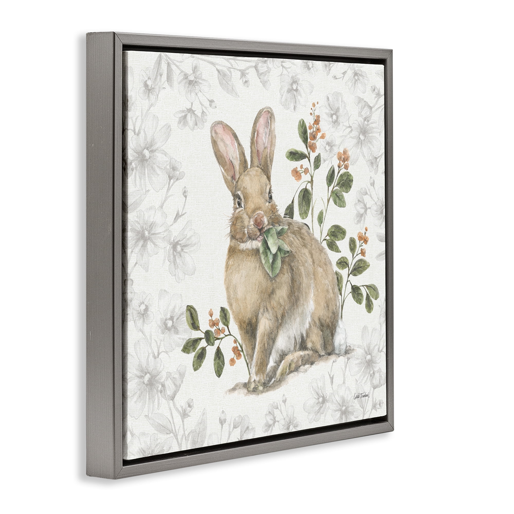 Stupell Industries Floral Garden Bunny Animals & Insects Painting Gray Floater Framed Canvas Art Print Wall Art, 18 x 18