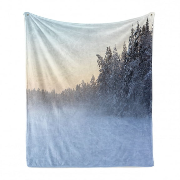 Landscape Soft Flannel Fleece Throw Blanket, Frozen Winter Lake River in Woods Trees Under the Snow Nature Forest, Cozy Plush for Indoor and Outdoor Use, 70" x 90", White Green, by Ambesonne