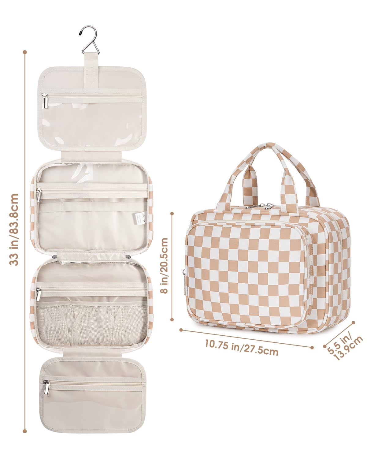 Checkerboard Hanging Travel Toiletry Bag with Hook, Makeup Bags for Women Cosmetic Organizer Toiletries for Brush Shampoo Travel Essentials, Brown