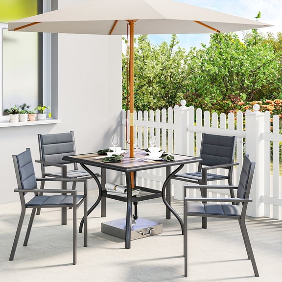Outsunny Outdoor Dining Table for 4, 37" Square Patio Table with Umbrella Hole, Storage Shelf and Faux Wood Top for Garden, Backyard, Deck, Gray