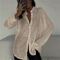 thumbnail image 2 of Oversized Tshirts Shirts for Women Long Sleeve Fashionable Sequin Lapel Solid Color Casual Shirt Short Sleeve Women's Tops, Tees & Blouses, 2 of 5