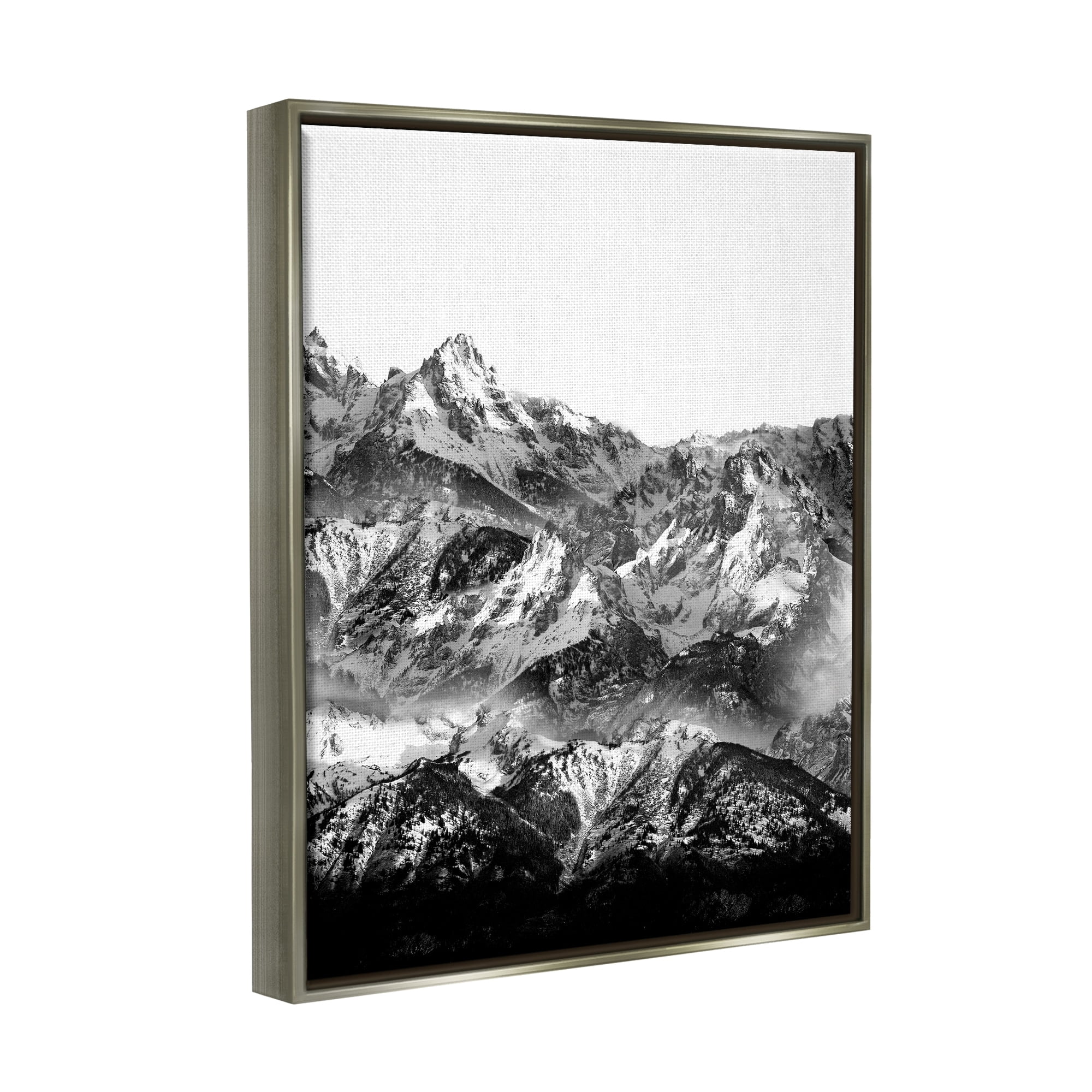 Stupell Industries Snow Cap Mountains High Contrast Black White Landscape Luster Gray Framed Floating Canvas Wall Art, 16x20, by Shelley Lake
