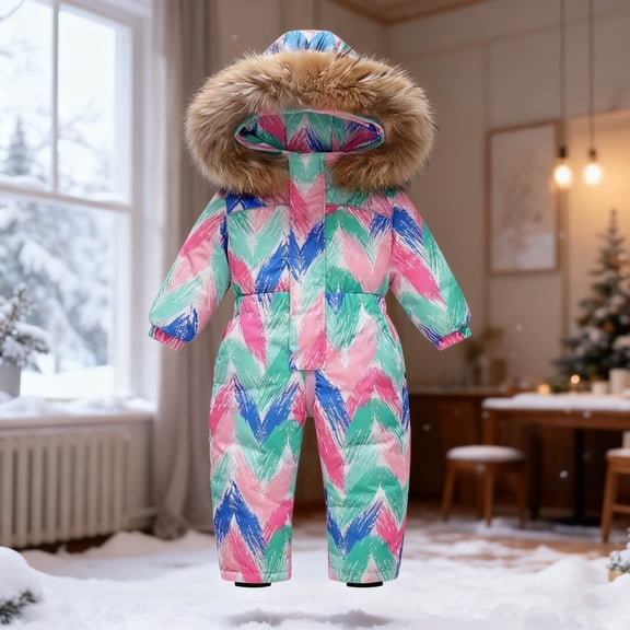 SGFCWSX Boys Girls Warm Snow Onesie Furry Hooded Snow Jumpsuit for Kids Colorful Print Insulated Waterproof Winter Outfit Multicolor Size 5-6 Years