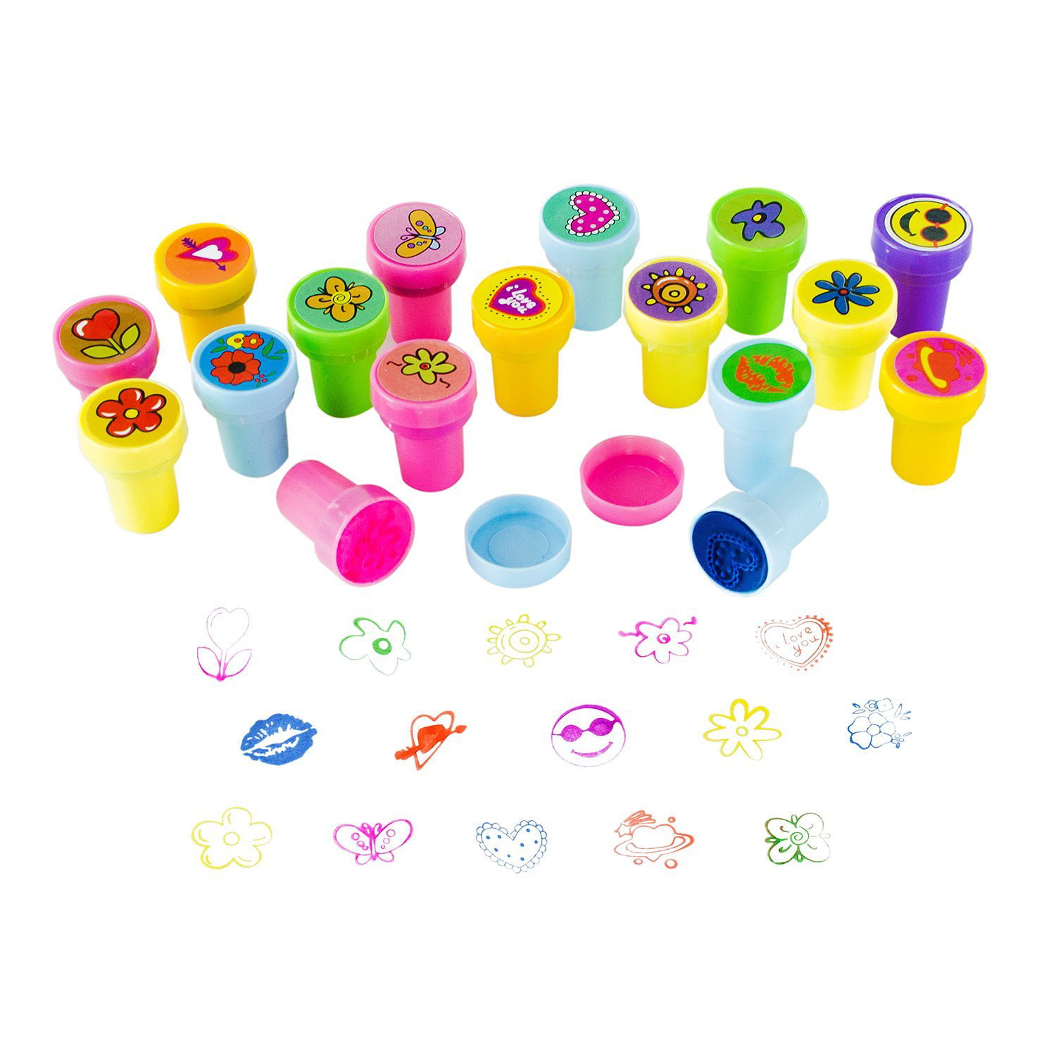 Assorted Mini Colorful Rubber Hearts, Smiley Faces, Flower Design Stamps for Children Party Favor Gifts (50 Pack) by Super Z Outlet
