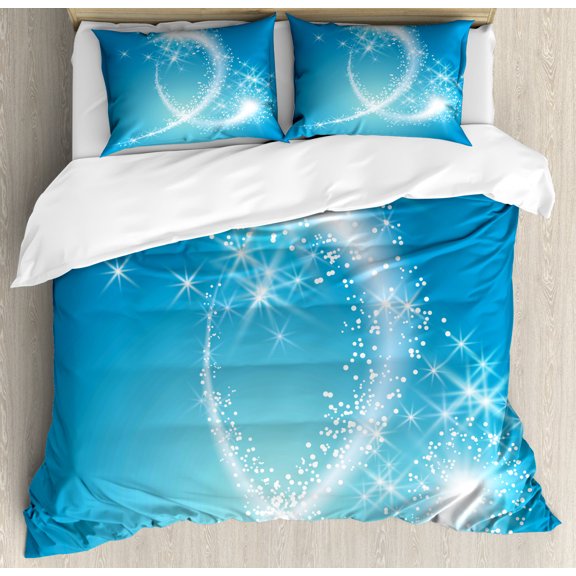 Magic Duvet Cover Set King Size, Fairytale Magic Fantasy Celebration Swirling Stars with Tail Illustration, Decorative 3 Piece Bedding Set with 2 Pillow Shams, Sky Blue and Pale Blue, by Ambesonne