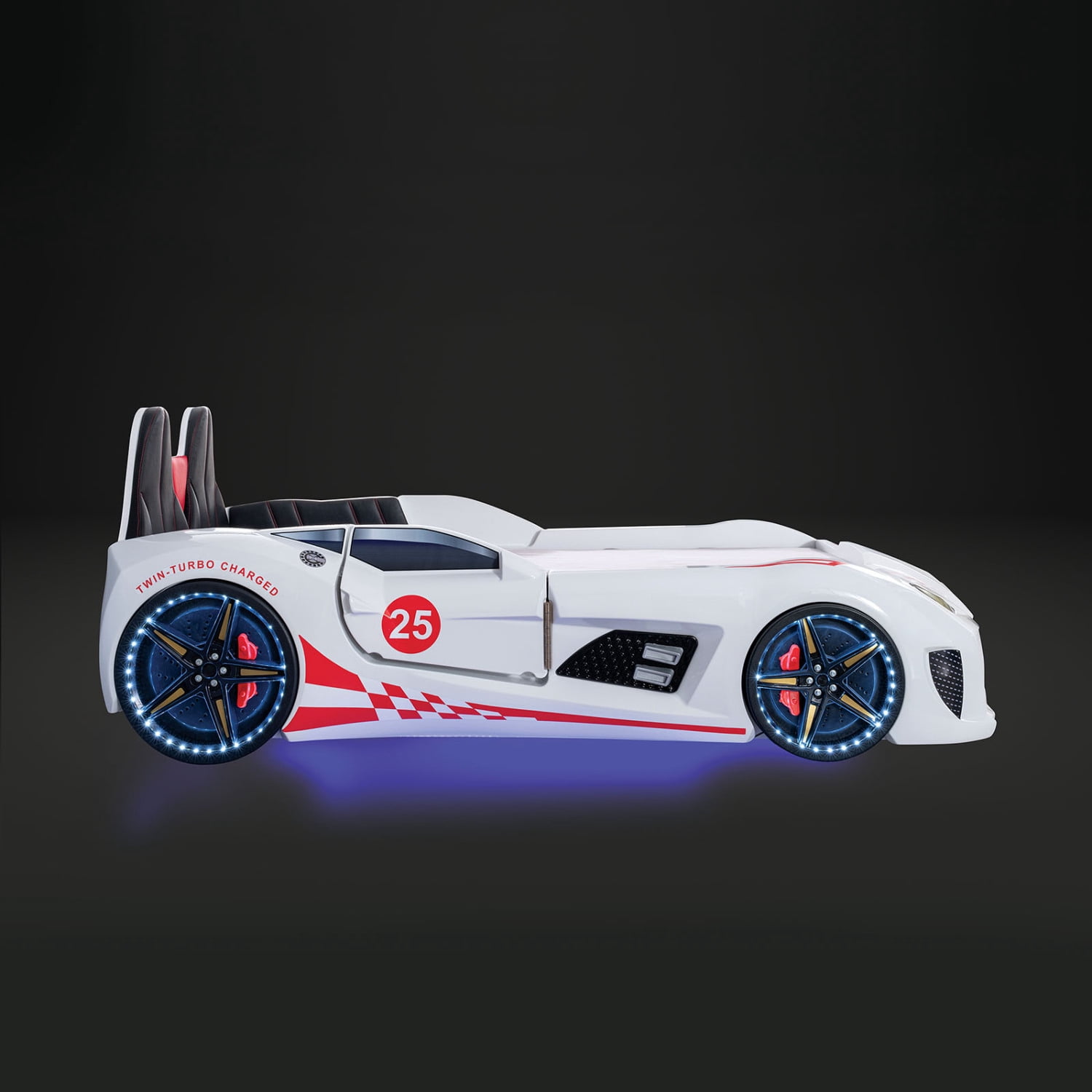 Miekor Furniture Modern Novelty Style Twin Size Race Car Design Bed Attached Two Magnetic Doors With LED Lights On Wheels And Bottom Upholstery Headboard And Sides White Finish MK1167