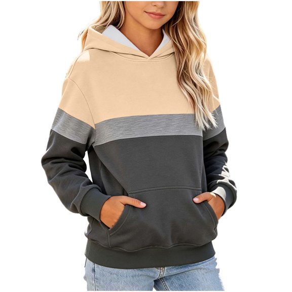 Ohufall 3-14Y Color Block Hooded Sweatshirt for Girls Kangaroo Pocket Long Sleeve Tops Comfort Fashion Casual Sweatshirts