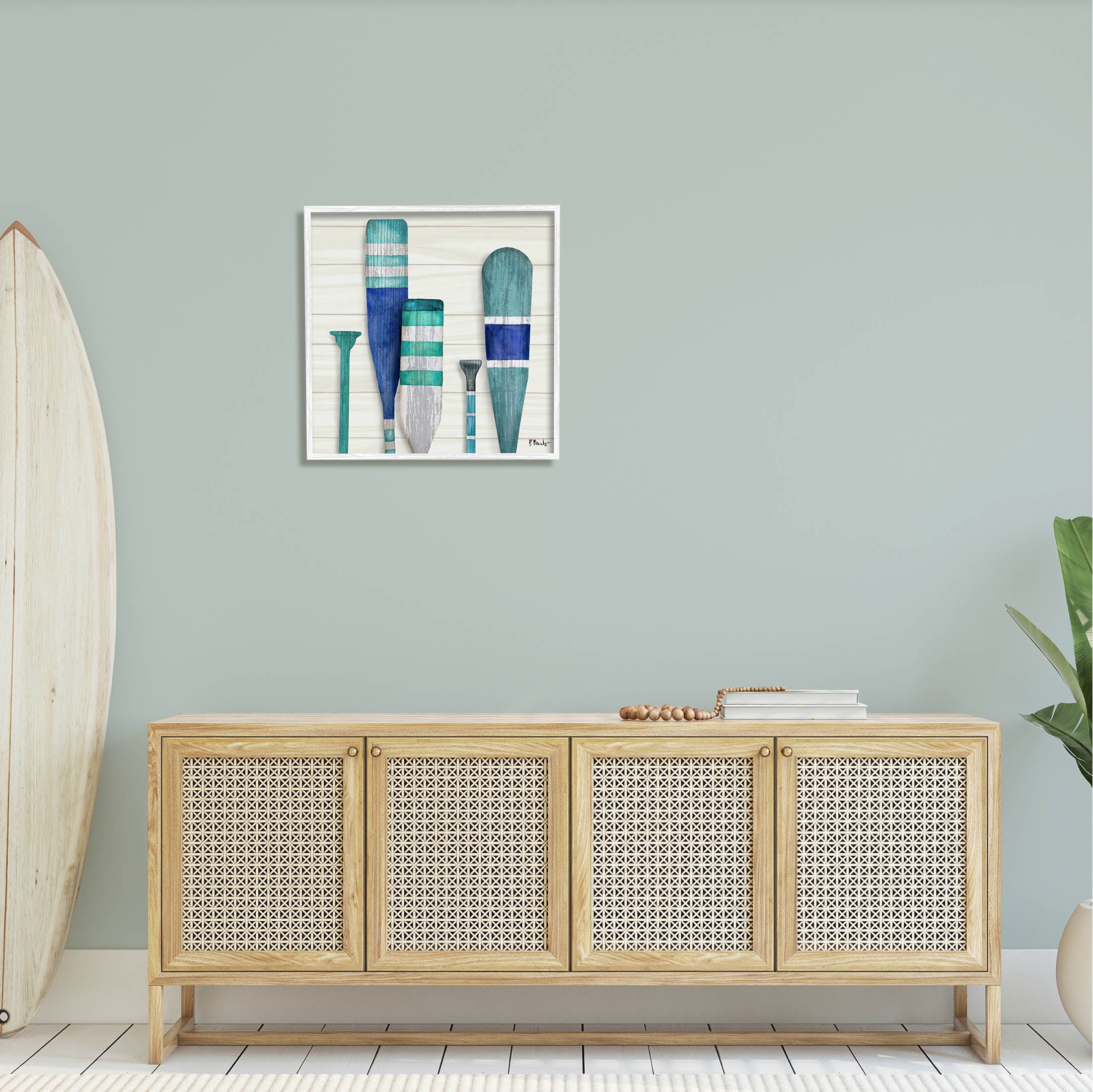 Stupell Industries Port Oars Blue Green Striped Patterns Graphic Art White Framed Art Print Wall Art, Design by Paul Brent