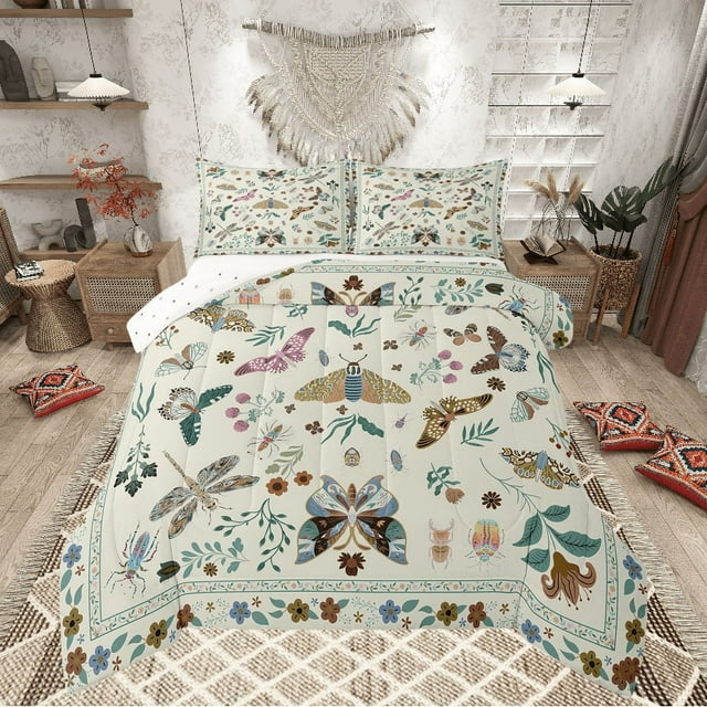 Erosebridal Ensembles de Douillette Papillon Libellule Format Grand, Ensemble de Literie Boho Bohème Douillette Grand, Décor Botanique, Réversible, Super Douillet, 3 Pcs