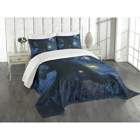 Ambesonne Navy Blue Quilted Bedspread Set 3 Pcs, Tree in Woods, Queen Size, Navy Blue