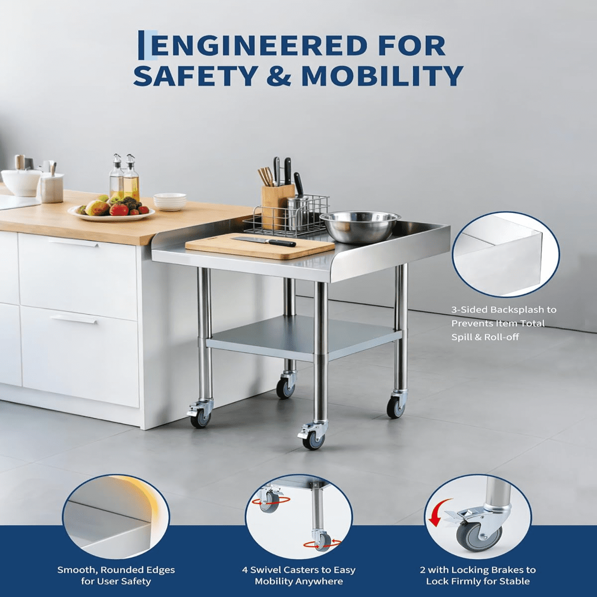 Stainless Steel Work Table,Commercial Food Prep Worktable with  3-Sided Backsplash&Height-Adjustable Shelf,Heavy Duty Portable Prep Worktable with 4 Wheels for Restaurant Home Hotel