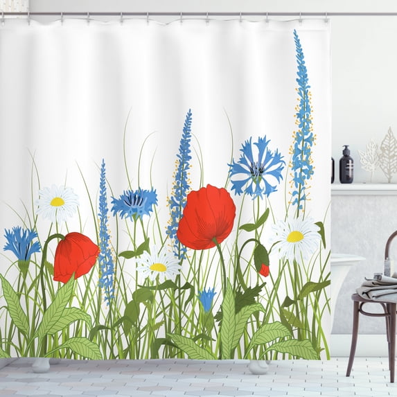 Spring Shower Curtain, Bloomed Poppy and Chamomile Among Wild Herbs and Grasses, Fabric Bathroom Set with Hooks, 69W X 70L Inches, Apple Green Scarlet and Azure Blue, by Ambesonne