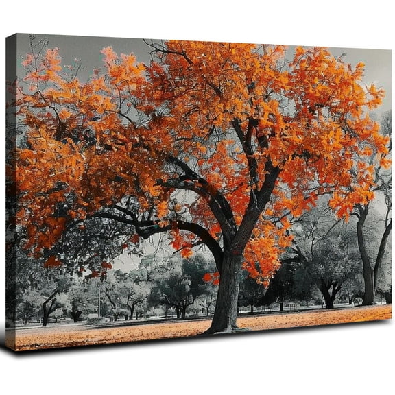QFMY - Orange, Big Colorful Tree in a Black and White Landscape Scene Canvas Wall Art Home Decor, Gallery Wrapped, Stretched, Framed Ready to Hang 20x16inch