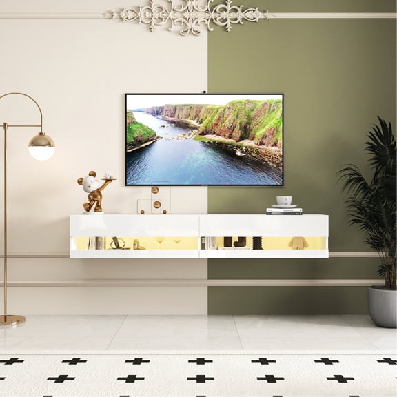 White TV Stand with LED Lights and Charging / Enhance Room Elegance