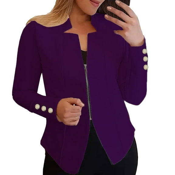 Xuemjiao Blazers for Women Business Casual Women's Autumn Solid Color Zippered Cuffs Button Suit Jacket Suits for Women Chaquetas De Mujer Elegantes (Purple,XXXXXL)
