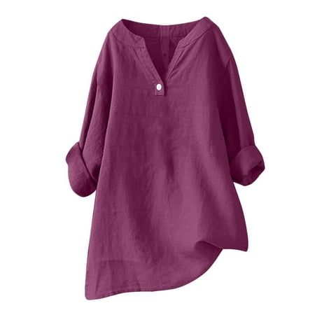 Summer Tops  Women S Loose Blouses Casual Solid Lapel V Neck 3/4 Sleeve Button Down Linen Shirt Lightweight Tops Plus Size For Women Work Out Tops Fringe Tank Tops Corset (XL  Dark Purple) ZMTing