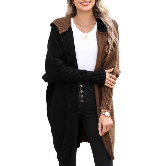SHEWIN Women's Hooded Cardigan Sweaters Casual Color Block Knit Open Front Sweater Fall Winter Outerwear Coat