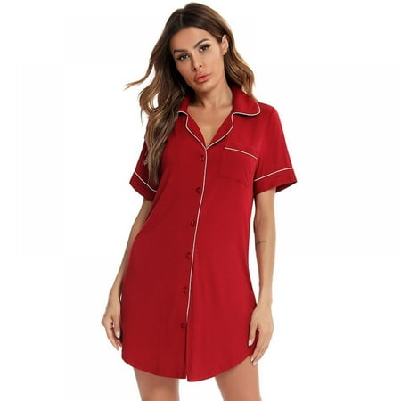 

Women s Nightshirt Short Sleeve Button Down Nightgown V-Neck Sleepwear Pajama Dress