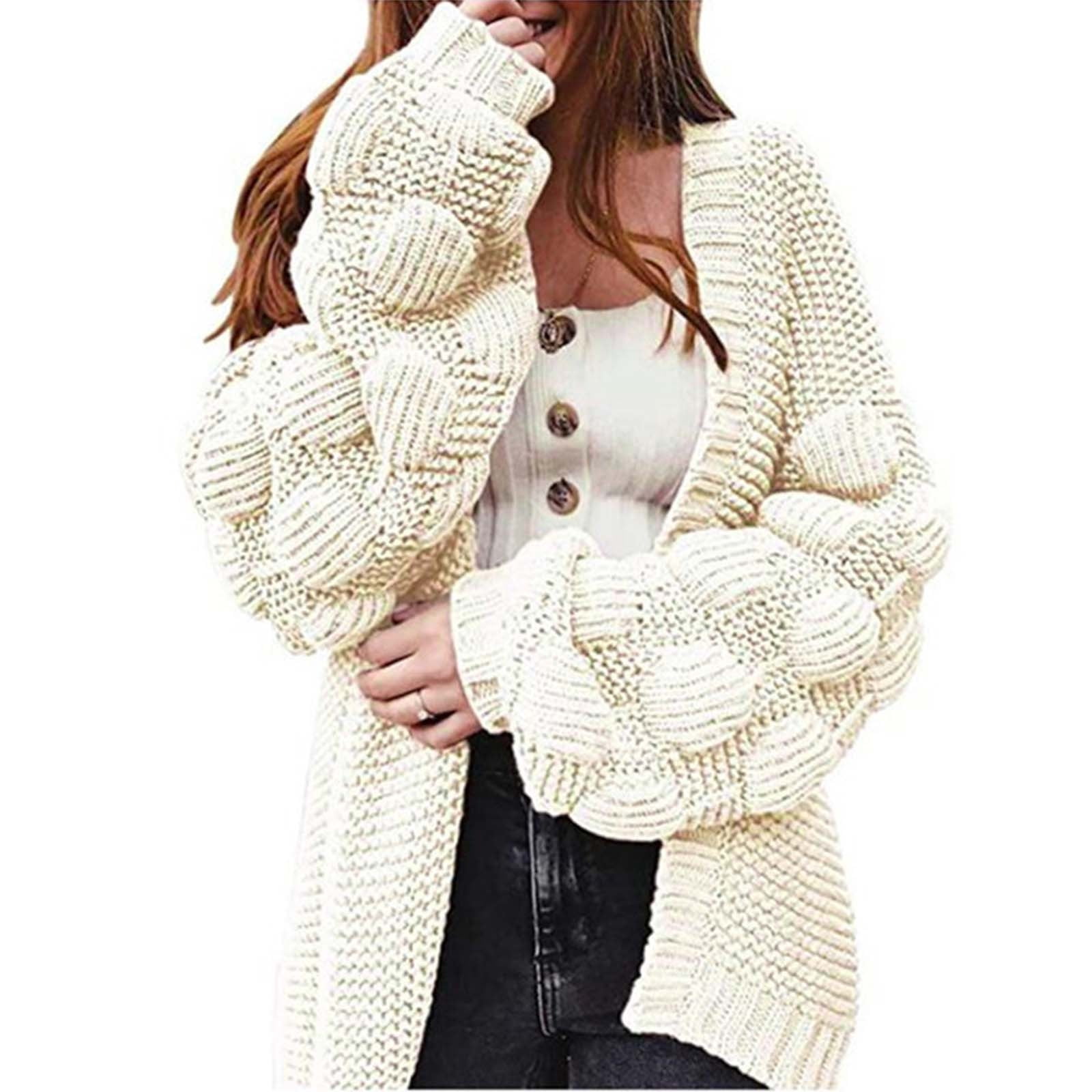 Fiudx Women's Fashion Top Cardigan Solid Color Medium And Long Term Outwear  Long Sleeve Coat Ladies Sweater Plus Size Knit Cardigan Jacket Top White M