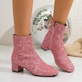 thumbnail image 4 of Women's Sparkly Sequin Dress Boots Glitter Leather Chunky Low Heel Mid Calf Short Ankle Booties for Christmas Wedding Party Pink Size 7, 4 of 8