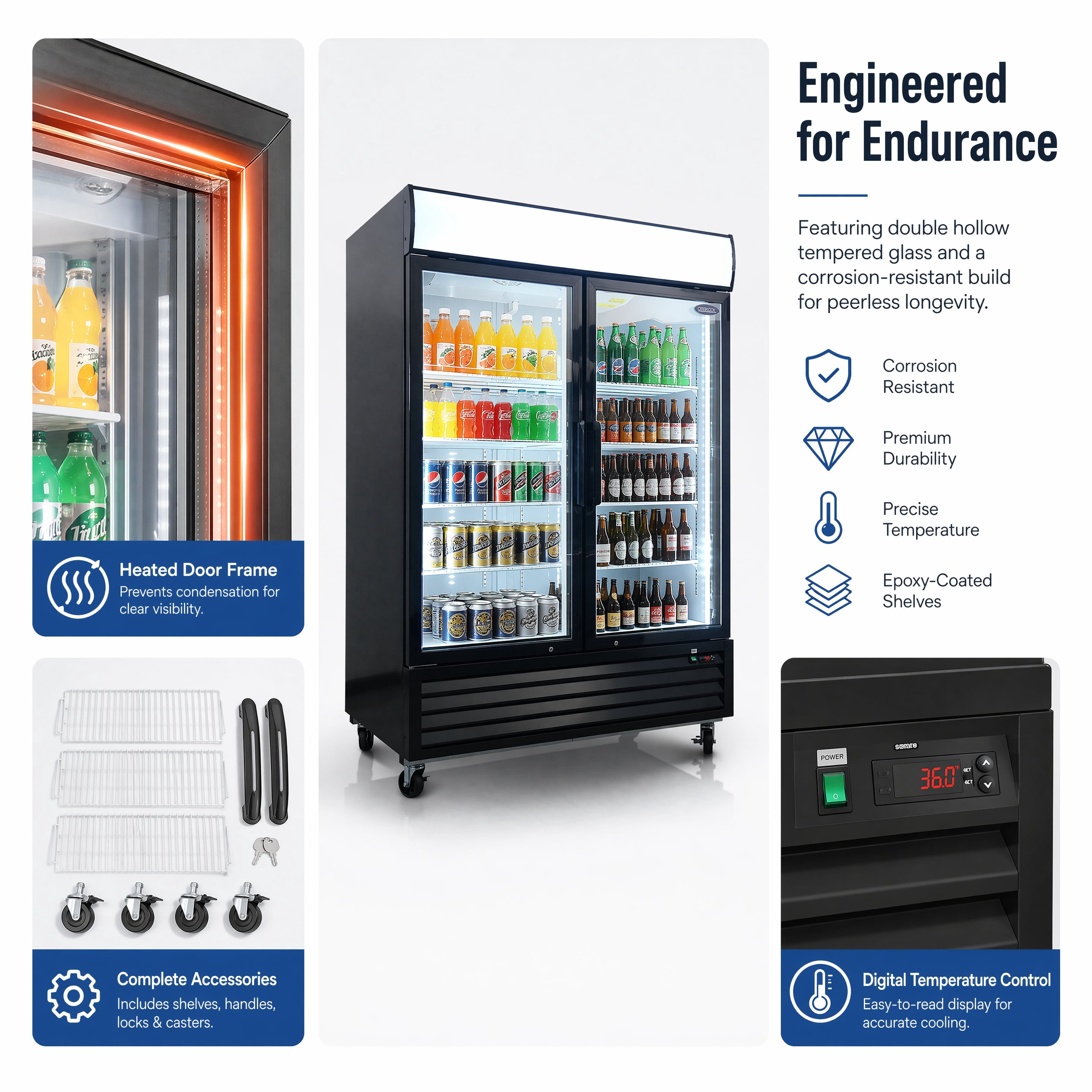 19.3 Cu.Ft Swing Glass Door Commercial Display Refrigerator 26.97"x33.54"x82.95" Hollow Tempered Glass Merchandiser Fridge with LED Panel Auto Defrost Adjustable Shelves for Cafe Restaurant