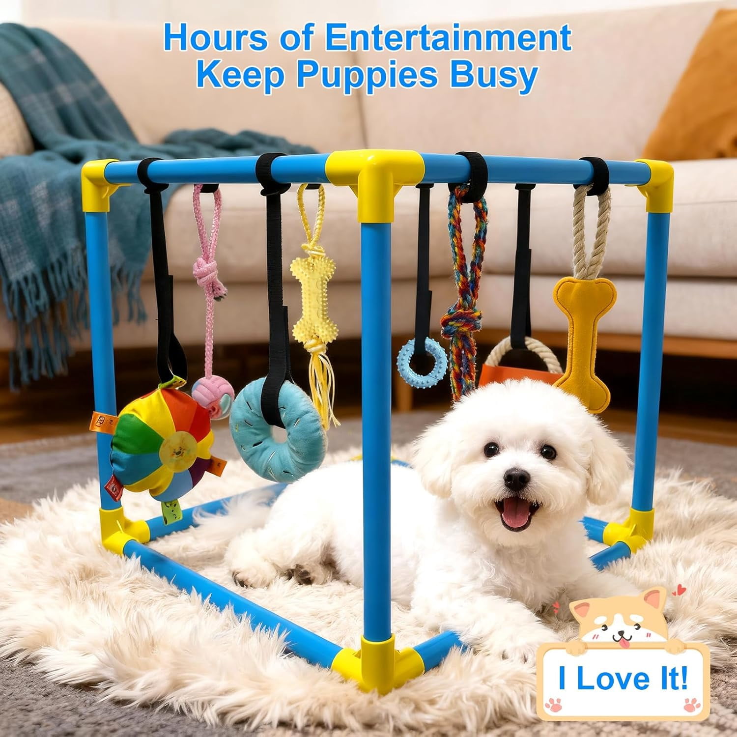 Puppy Play Gym with 8 Hanging Toys - Indoor Jungle Gym for Small Dogs, Interactive Enrichment Activity Center for Puppies, 19.5" PVC Frame with Teething Squeaky Toys to Keep Them Busy