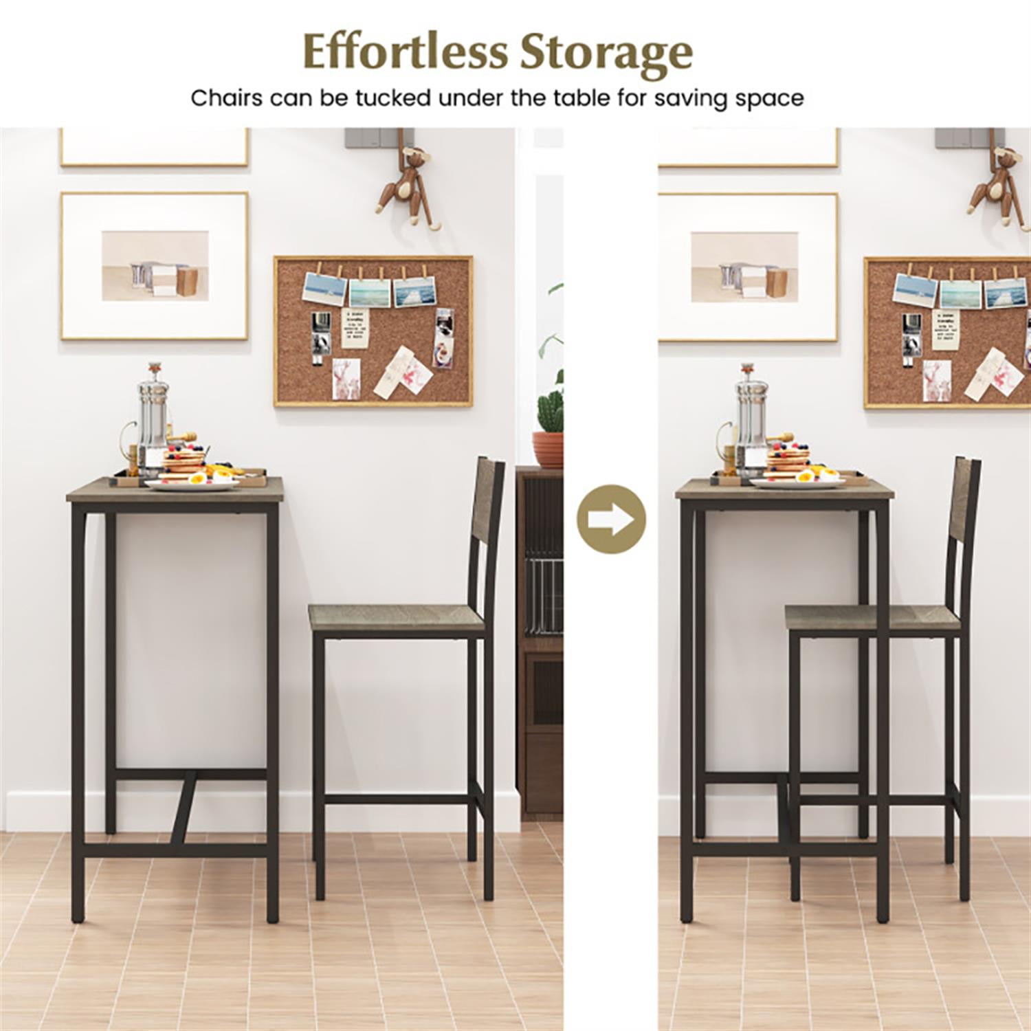 Demi Bonn 3-Piece Bar Table Set with Backrest and Footrest, 35" Wooden Square Kitchen Dining Table Set, Perfect for Small Space, Gray