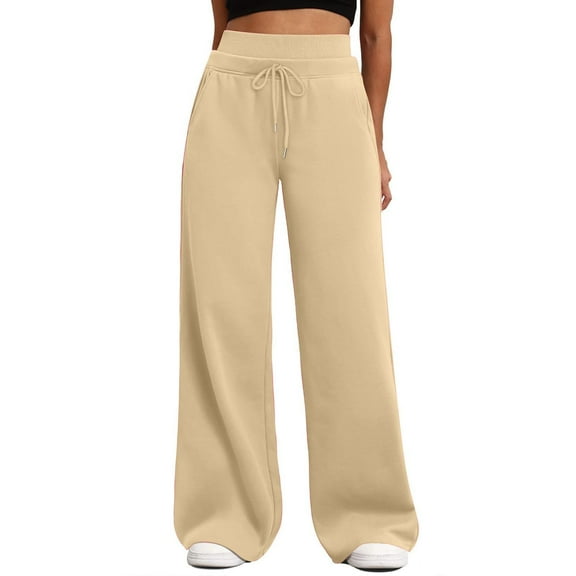 Audhol Oversized Sweatpants, Women's Wide Leg Sweatpants Double Waisted Baggy Pants with Pockets Sweatpants Wide Leg Beige L