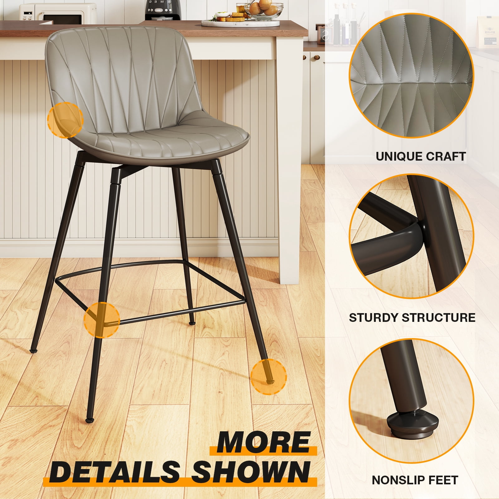 TAVR Modern 30" Swivel Bar Stools Set of 2 with Back & Footrest, Upholstered Counter Height Bar Chairs for Kitchen Island, PU Leather in Gray