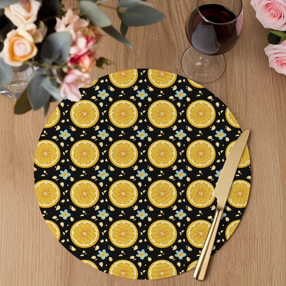 Yellow Lemon Rounds Round Braided Placemats Set of 2, Summer Fruit Rustic Floral Black Heat Insulation Place Mats Washable Non-Slip Table Mats for Kitchen Dining Party, 15 Inches