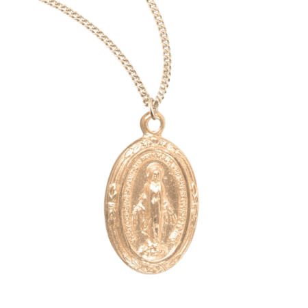 16kt Plated Sterling Silver Small Oval Miraculous Blessed Mother Mary Medal Necklace 18" Gold-Plated Chain Hand Polished – Made in USA – Deluxe Velvet Gift Box Included