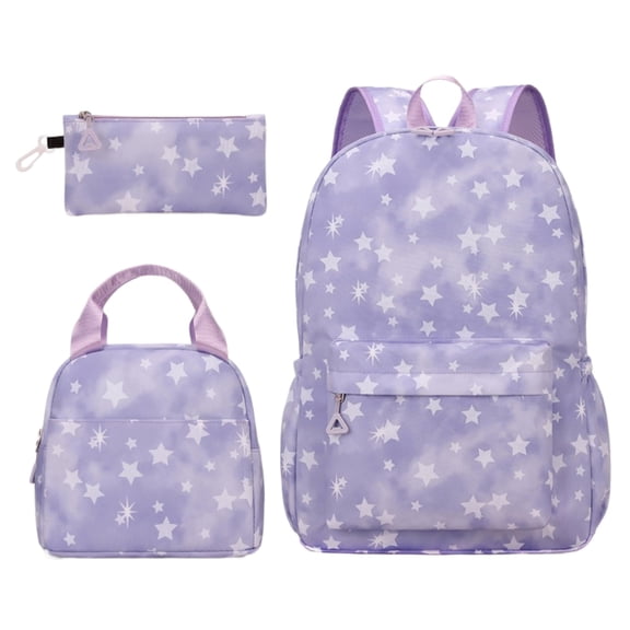 Purple Star Laptop Backpack Set for Women, 3 Piece School Bag Bundle with Lunch Box Pencil Case, 15.6 Inch Computer Compartment, Large Capacity Water Resistant Nylon Daypack for College Travel Work