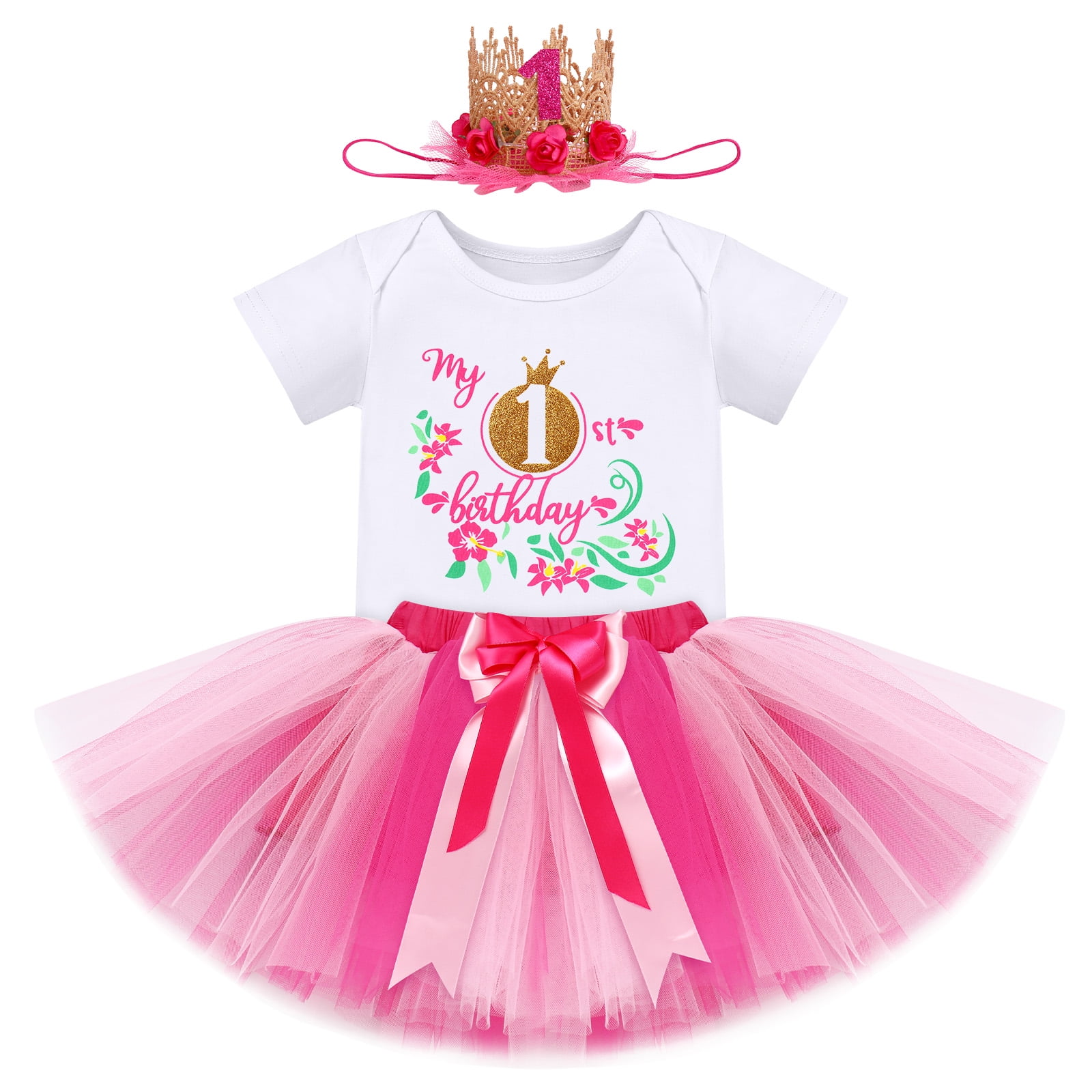 IBTOM CASTLE Infant Baby Girl One Year Old Birthday Outfit Floral Lace Party Cake Smash Romper + Tutu Skirt + Crown Clothes Set for Photo Shoot 1 Year Hot Pink - Crown 1st Birthday