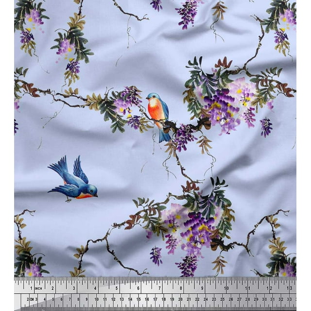 Soimoi Blue polyester Crepe Fabric Floral & Flowerpecker Bird Print Fabric by the Yard 42 Inch Wide