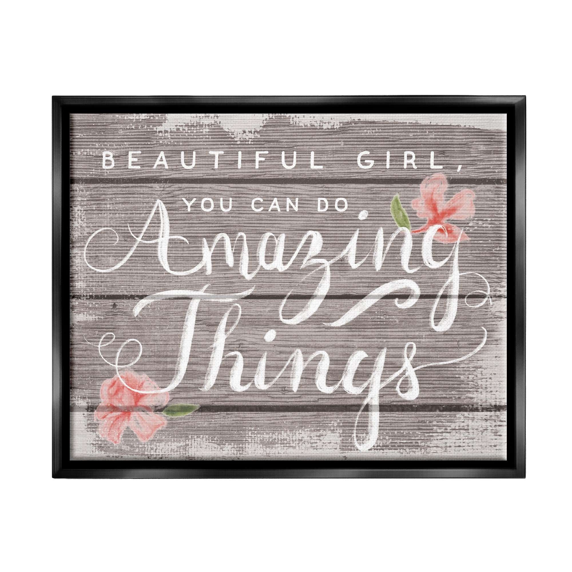 Stupell Industries Beautiful Girl Inspirational Kids Flower Word Design Jet Black Framed Floating Canvas Wall Art, 16x20, by Daphne Polselli
