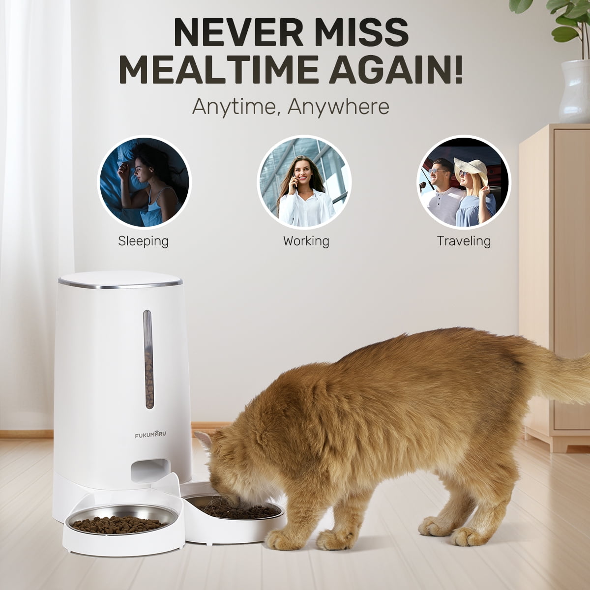 FUKUMARU Automatic Cat Feeder with 2 Bowls, Timed Control WiFi Dog Feeder, 4L