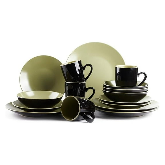 Stoneware Dinnerware Set, 16pc Olive Two-Tone Tableware - Coupe Shape, Dishwasher & Microwave Safe, Service for 4