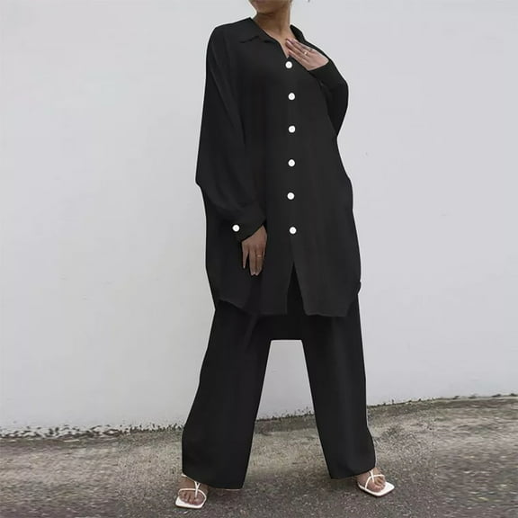 AOOCHASLIY Women Suits Fashion Women Solid Button Casual Long SLeeve Top  Elastic Waist Pocket Pant Set
