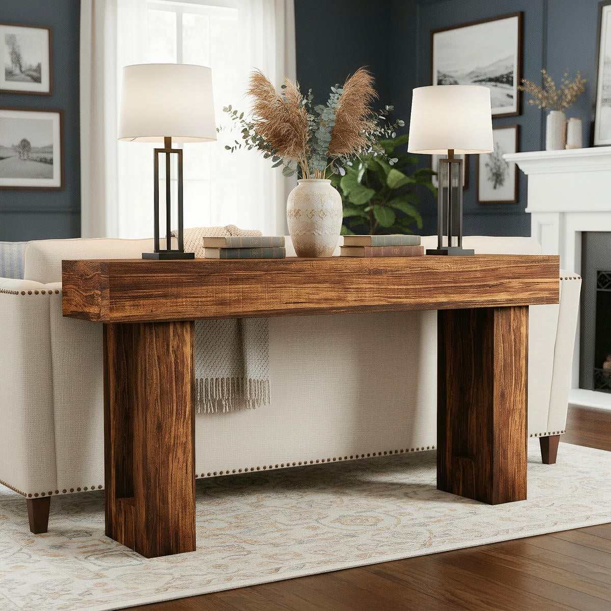 Topcobe 63-Inch Console Table, Farmhouse Wooden Sofa Table Entryway Table, Modern Furniture for Indoor, Living Room, Brown