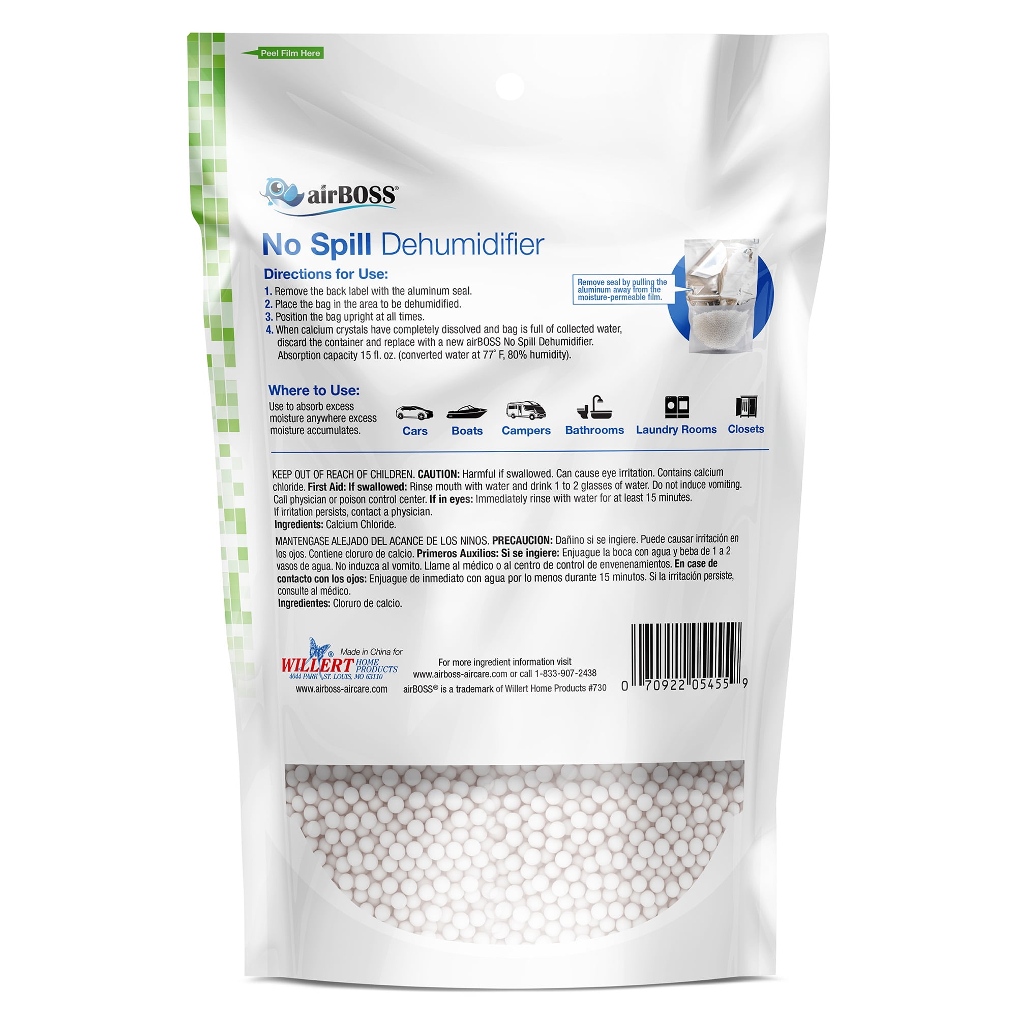 airBOSS No Spill Dehumidifier with Calcium Chloride Beads, Fragrance Free, 10.6 oz