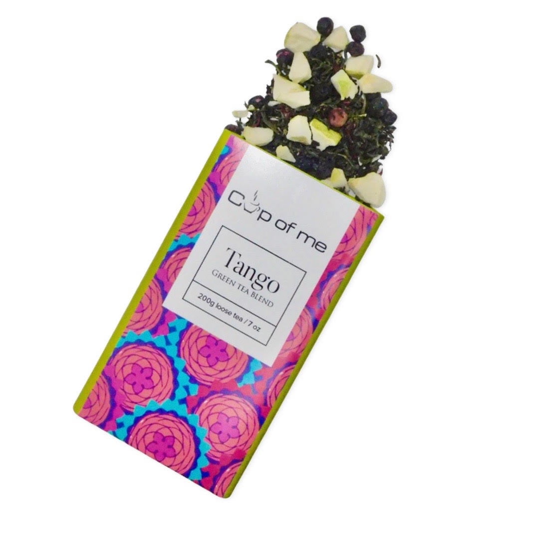 Cups of Me Green Tea, Tango Loose leaf Tea, Caffeinated Herbal Tea with Hibiscus, Blueberry 2.85 oz