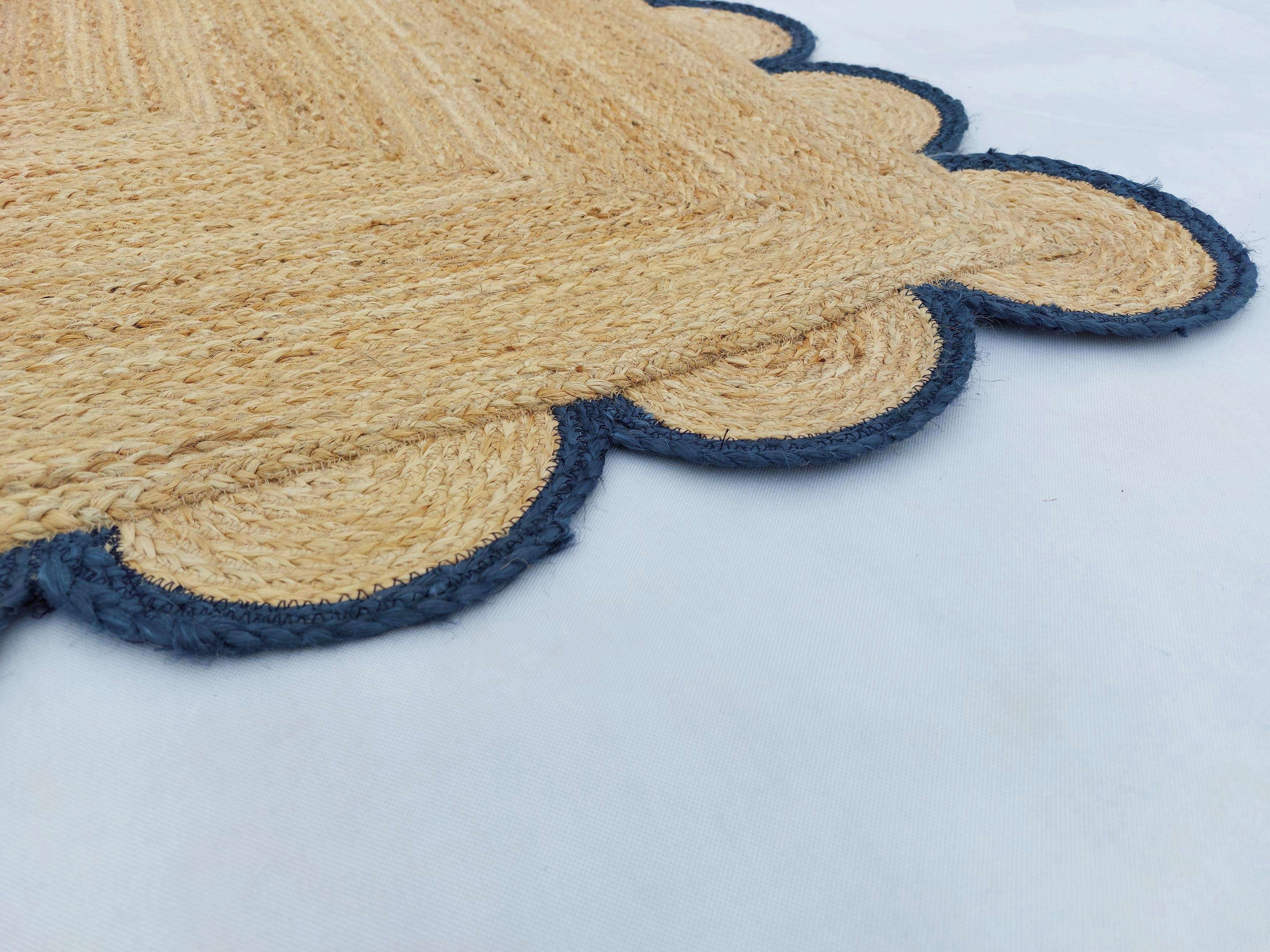 Jute Area Rug For Home And Living Room Décor Rectangular Scalloped Natural Jute Carpet Area Rug Navy 9' x 12' BY KALVEERA